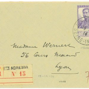 P2737 - BELGIUM 1914 LEOPOLD 2 FRANCS ON A REGISTERED SMALL COVER.