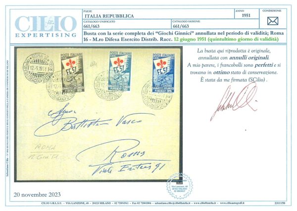 P2743 - ITALIA REPUBBLICA, GIOCHI GINNICI USATI SU BUSTA. 12.5.1951 CERT. CILIO - immagine 3