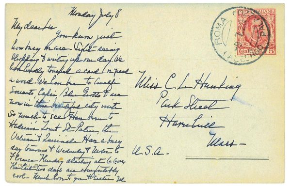 P4414 - ITALIA  CARTOLINA POSTALE PER GLI USA, ANNULLO ROMA ALBERGO PALAZZO 1928