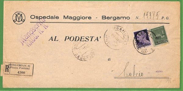 ZA1641 - ITALIA  RSI - STORIA POSTALE -    BUSTA COMUNALE di BERGAMO  1944