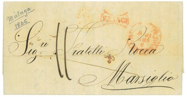 P3241 - SPAIN, 1856 MALAGA TO MARSEILLE, FRANCO IN RED (TIZON CAT. M:E:)