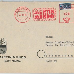 49985 - GERMANY -  POSTAL HISTORY: MECHANICAL POSTMARK 1952 -  GASTRONOMY Sugar