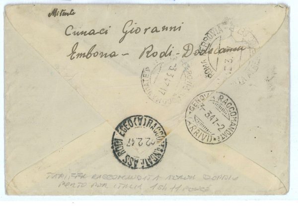 P2533 - ITALIA FRANCOBOLLI MEF USATI NELL EGEO, BELLISSIMA RACCOMANDATA DA RODI - immagine 2