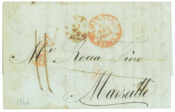 P3243 - SPAIN, 1846 FROM MALAGA TO MARSEILLE, FRANCO IN RED (TIZON NR. 22, M.E.)