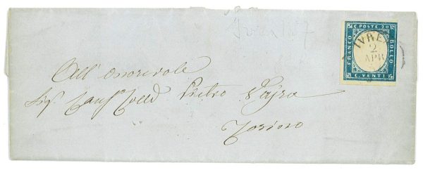 P3851 - ITALIA SARDEGNA, SASS. 15 H DA IVREA 2.4.1857 A TORINO.