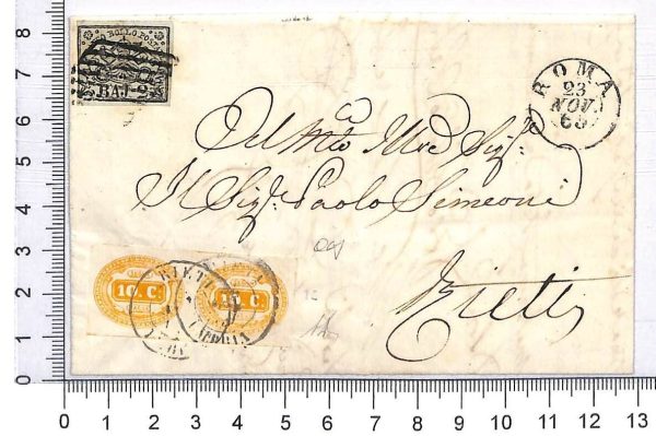 P0804 - PONTIFICIO - Storia Postale - 2 Baj + SEGNATASSE 1 Coppia  su busta 1865