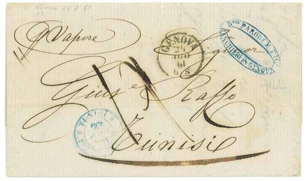 P3197 -DA GENOVA A TUNISI ,1861 BOLLO IN ARRIVO TUNISI POSTE ITALIANE IN AZZURRO