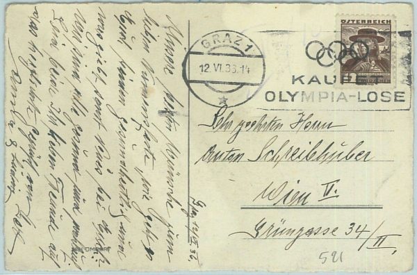 68103 - AUSTRIA -  POSTAL HISTORY - Postcard  1936  Olympic postmark: Graz 1