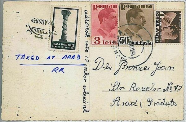 24200  - ROMANIA -  POSTAL HISTORY - POSTCARD to ARAD 1938 - TAXED on ARRIVAL!
