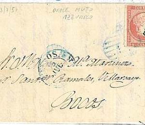 POSTAL HISTORY: SPAIN - COVER: REYNOSA SANTANDER with PARRILLA AZUL y NEGRA 1857