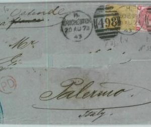 BK0773 - GB - POSTAL HISTORY - SG # 98 + 103 on COVER: MANCHESTER to ITALY 1873
