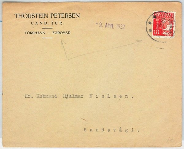 41985  DENMARK - POSTAL HISTORY -  DANISH stamp on COVER from Faroe Islands 1932