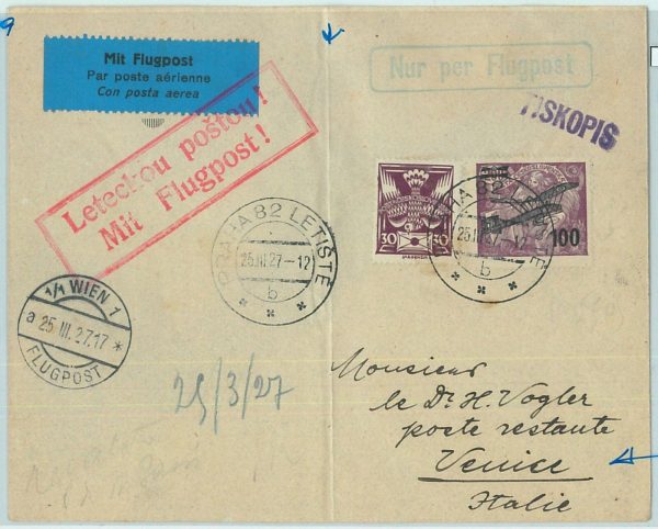 67680 - Czechoslovakia  - Postal History -  First FLIGHT COVER  Muller # 19 1927