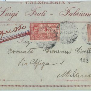 80425 - REGNO - STORIA POSTALE: BUSTA espresso da FABRIANO 1926 pubblicitaria