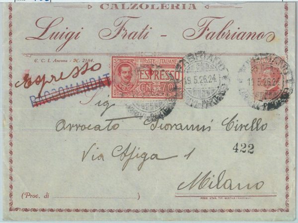 80425 - REGNO - STORIA POSTALE: BUSTA espresso da FABRIANO 1926 pubblicitaria