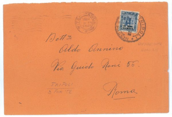 P2549 - CYRENAICA, SOVRASTAMPATO LIBYA, 10 MAL ISOLATO PER ROMA DA TRIPOLI