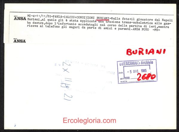 F0041 - FOTOGRAFIA CALCIATORE - Squadra SSC NAPOLI - BURIANI  11 Novembre 1985 - immagine 2