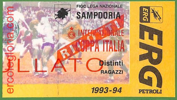 ZA2070- Vecchio  BIGLIETTO PARTITA  CALCIO - 1993 / 1993 : SAMPDORIA  vs INTER