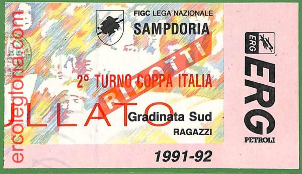 ZA2071- Vecchio  BIGLIETTO PARTITA  CALCIO - 1991 / 1992 : SAMPDORIA