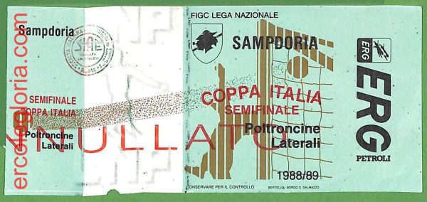 ZA2085 - Vecchio  BIGLIETTO PARTITA  CALCIO - 1988 / 1989 :SAMPDORIA vs ATALANTA