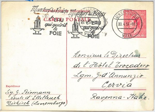 56336 - LUXEMBOURG - POSTAL HISTORY: STATIONERY CARD with MEDICINE POSTMARK 1957