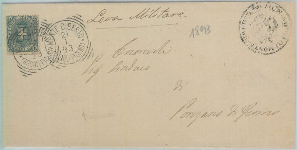 80437 - REGNO - STORIA POSTALE:  BUSTA annullo tondoquadro di MONTE GIBERTO 1893