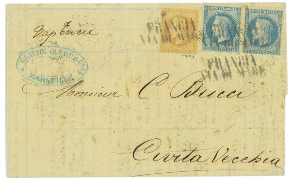 P3222 - FRANCE , 1869 YVERT 28 B AND 29 A (PAIR) NAPOLEON LAUREE FROM MARSEILLE