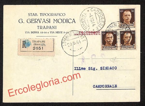 ai9293 -  STORIA POSTALE - Trapani Città - Stabb. Tipografico G. Gervasi Modica
