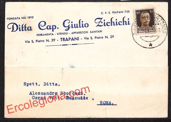 ai9294 -  STORIA POSTALE - Trapani Città - Ditta Cap. Giulio Zichichi
