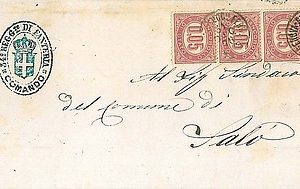 13919  REGNO busta  circolare FANTERIA - F BOLLI SERVIZIO #2 striscia da 4 1876