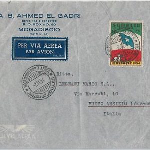 54080 - ITALIA COLONIE: SOMALIA - Sassone  POSTA AERA 25 su BUSTA 1954