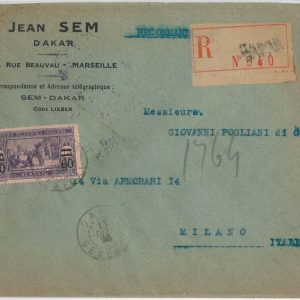 59357 -  SENEGAL - POSTAL HISTORY: REGISTERED  COVER to ITALY - 1923
