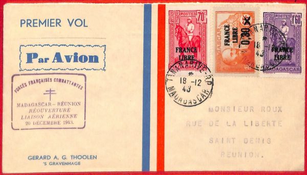 aa4648 - POSTAL HISTORY - First Flight COVER:  MADAGASCAR to REUNION 1943 Mu 122