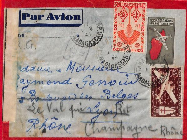 aa4650 - MADAGASCAR - POSTAL HISTORY - Censored COVER to FRANCE 1944 Forwarded