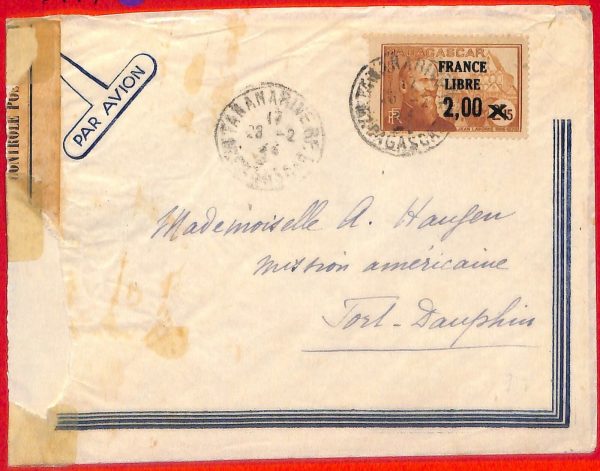 aa4656 - MADAGASCAR - POSTAL HISTORY - CENSORED  AIRMAIL  COVER  1944