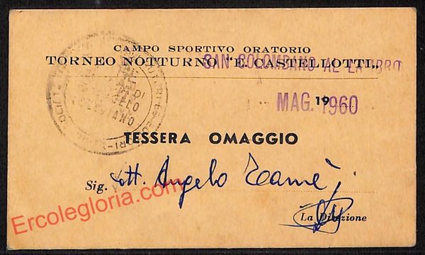 ag9272 - TESSERA D'EPOCA - Milano - Torneo Notturno ''E. Castel Lotti''