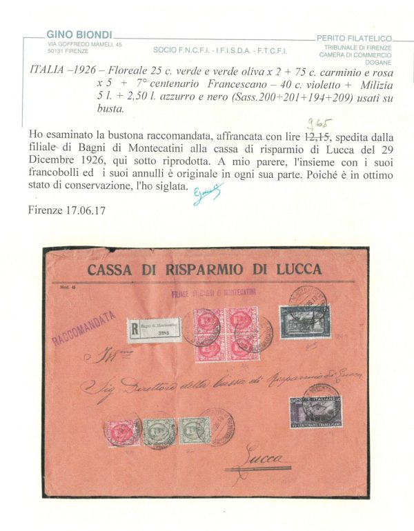 P 1146 - ITALIA REGNO   1926 SASS. 209 + ALTRI SU GRANDE BUSTA RACCOMANDATA - immagine 3