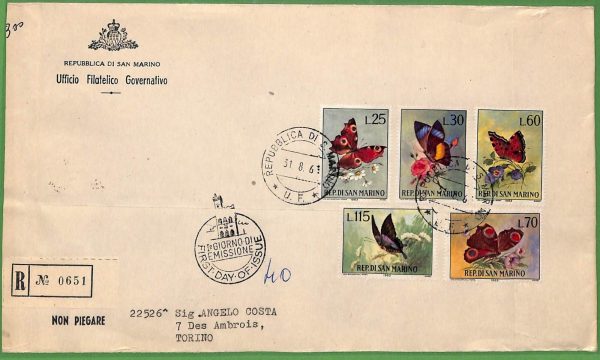 ZA1612  - SAN MARINO - Storia Postale - FDC COVER Primo Giorno BUTTERFLIES  1963